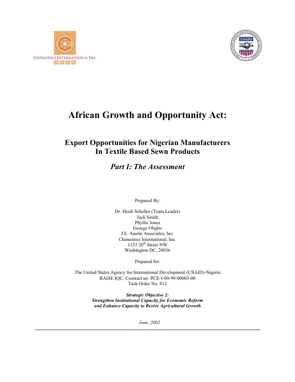 African Growth and Opportunity Act : export opportunities for Nigerian manufacturers in textile based sewn products. Part I : the assessment