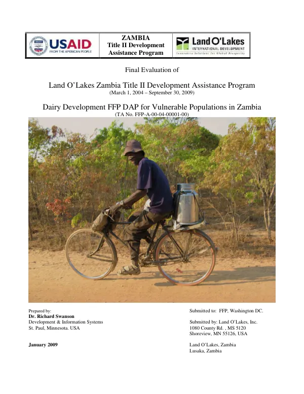 Final evaluation of Land O'Lakes Zambia Title II development assistance program (March 1, 2004-September 30, 2009) : dairy development FFP DAP for vulnerable populations in Zambia (TA no. FFP-A-00-04-00001-00)