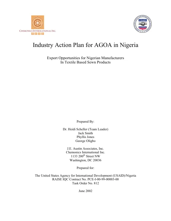 Industry action plan for AGOA [African Growth and Opportunity Act] : export opportunities for Nigerian manufacturers in textile based sewn products