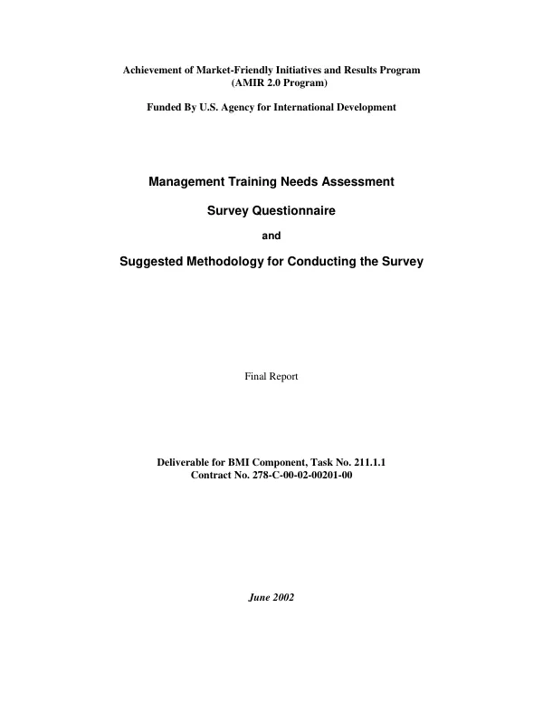 Management training needs assessment : survey questionnaire and suggested methodology for conducting the survey -- final report