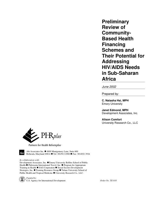 Preliminary review of community-based health financing schemes and their potential for addressing HIV/AIDS needs in sub-Saharan Africa