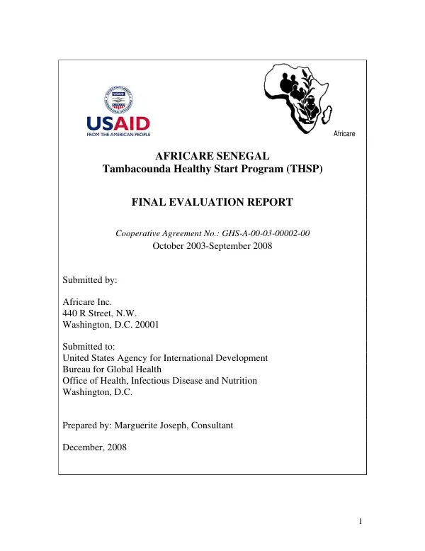 Tambacounda health start program (THSP) : final evaluation report -- cooperative agreement no. GHS-A-00-03-00002-00, October 2003-September 2008