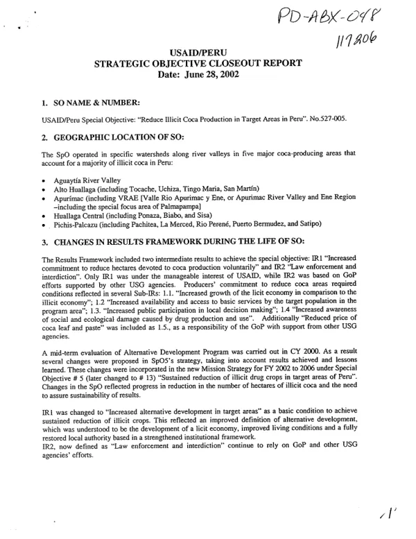 USAID/Peru strategic objective closeout report : USAID/Peru special objective -- "reduce illicit coca production in target areas in Peru" [SpO] 527-005