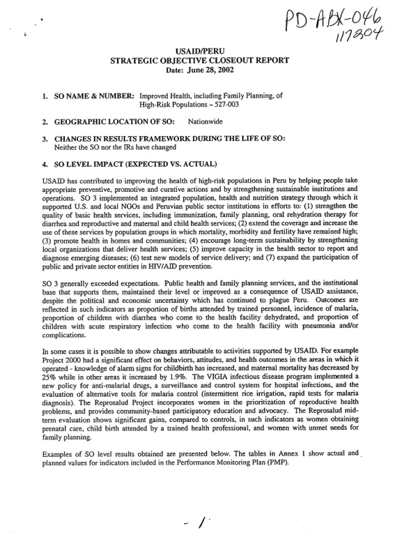 USAID/Peru strategic objective closeout report : improved health, including family planning of high-risk populations (SO 527-003)