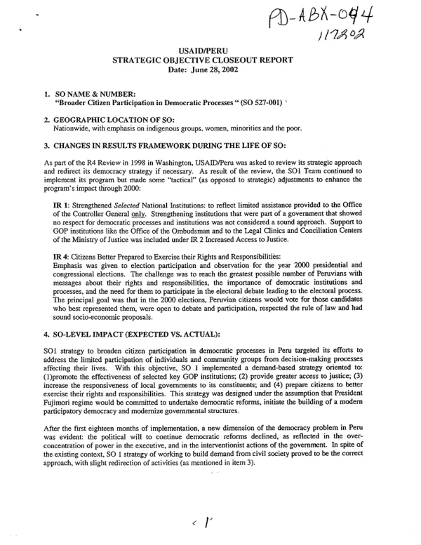 USAID/Peru strategic objective closeout report : "broader citizen participation in democratic processes" (SO 527-001)