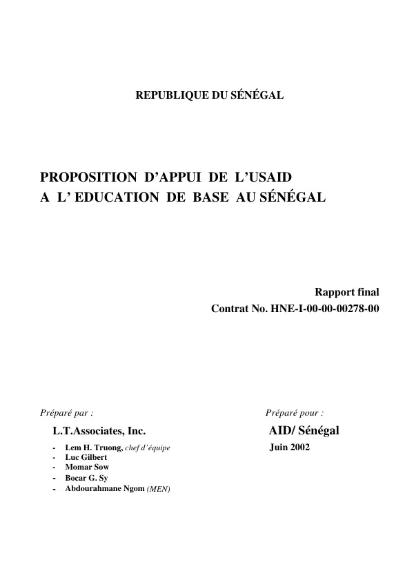 Proposition d"appui de l"USAID a l"education de base au Senegal : rapport final
