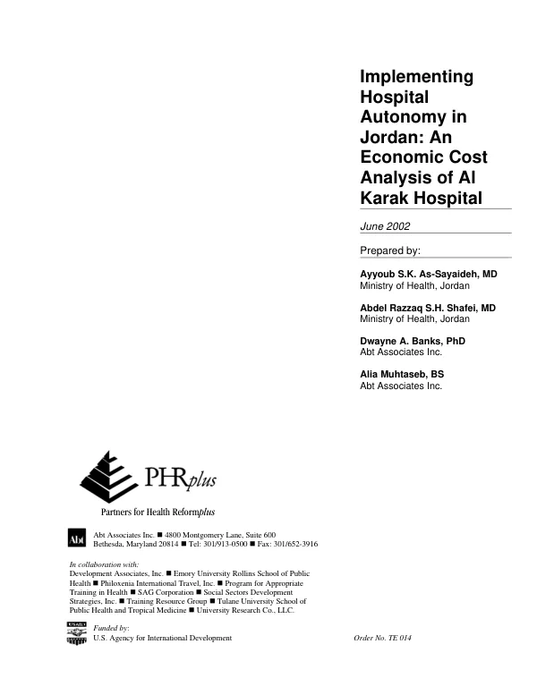 Implementing hospital autonomy in Jordan : an economic cost analysis of Al Karak Hospital