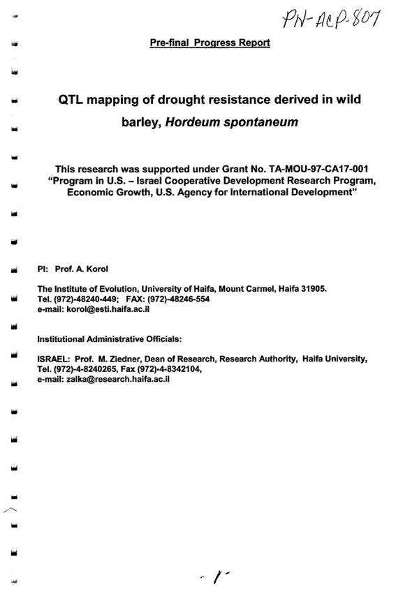 Pre-final progress report : QTL mapping of drought resistance derived in wild barley, Hordeum spontaneum
