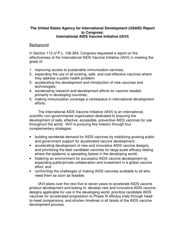 The United States Agency for International Development (USAID) report to Congress : International AIDS Vaccine Initiative (IAVI)