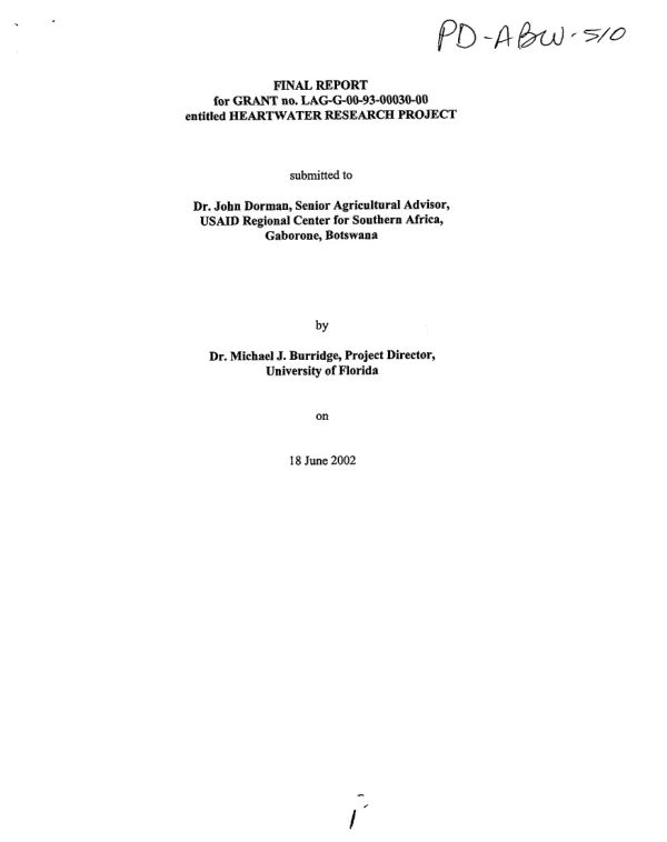 Final report for grant no. LAG-G-00-93-00030-00 entitled heartwater research project