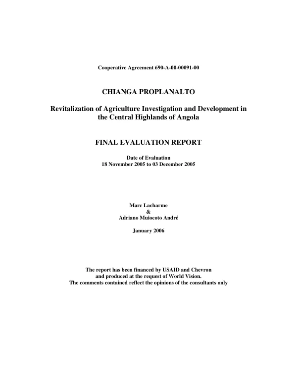 Chianga PROPLANALTO, revitalization of agriculture investigation and development in the central highlands of Angola : final evaluation report
