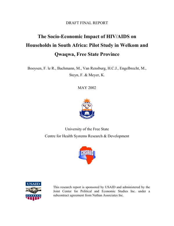 The socio-economic impact of HIV/AIDS on households in South Africa : pilot study in Welkom and Qwaqwa, Free State Province