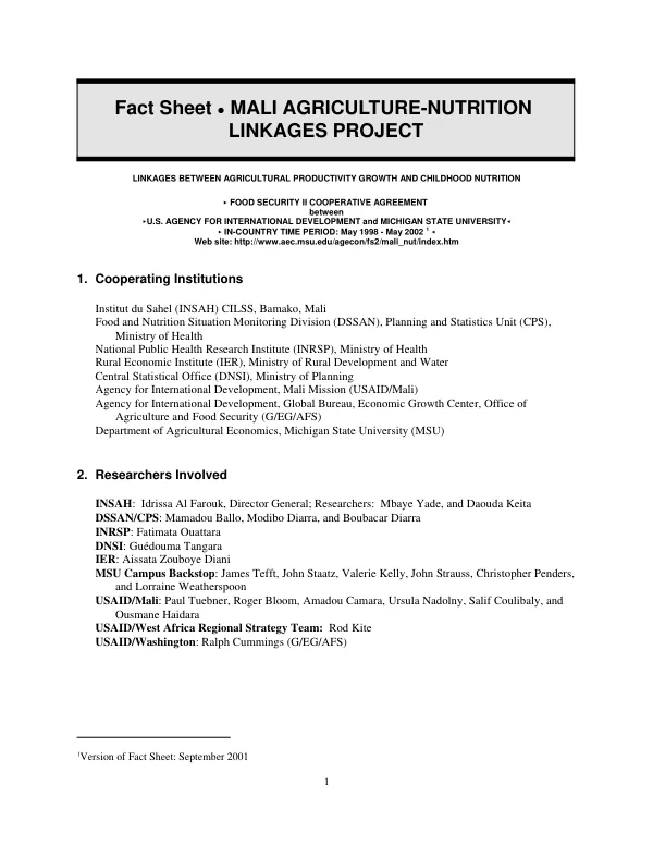 Fact sheet : Mali agriculture-nutrition linkages project