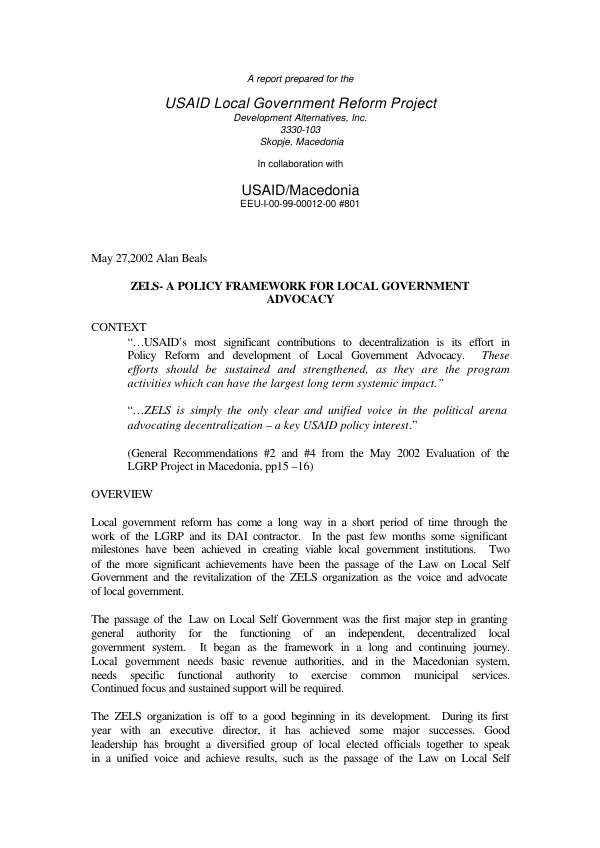 ZELS [Association of the Units of Local Government of the Republic of Macedonia] policy framework for local government advocacy