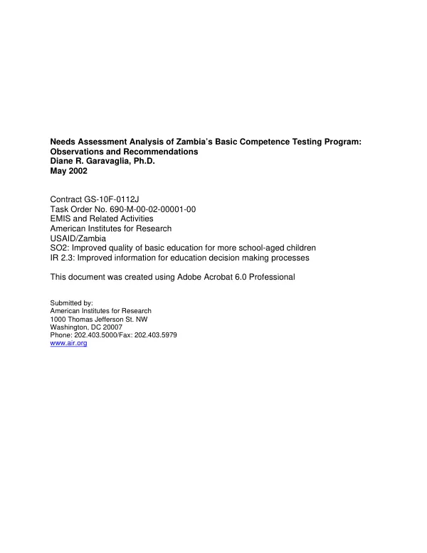 Needs assessment analysis of Zambia"s basic competence testing program -- observations and recommendations