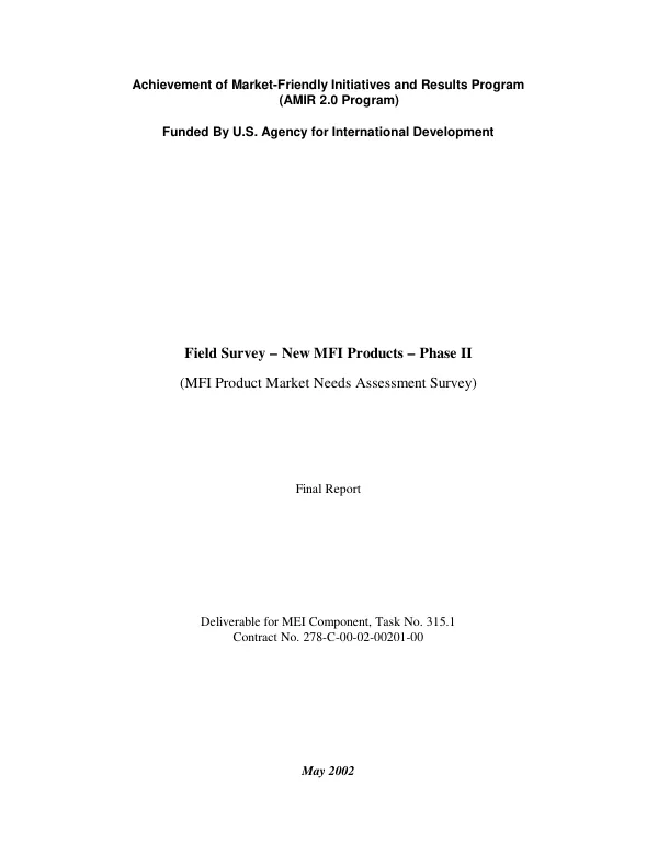Field survey : new MFI [microfinance institutions] products, phase II (MFI product market needs assessment survey) -- final report