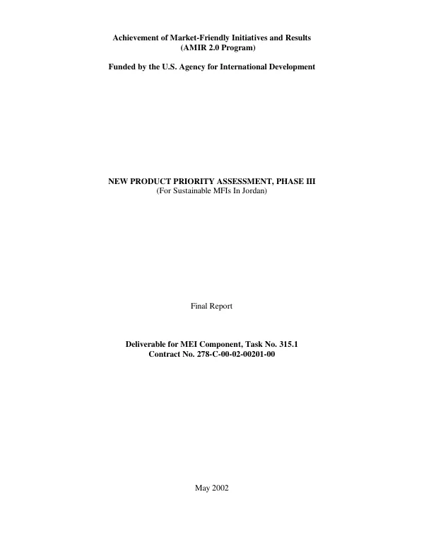 New product priority assessment, phase III (for sustainable MFIs [microfinance institutions] in Jordan) : final report