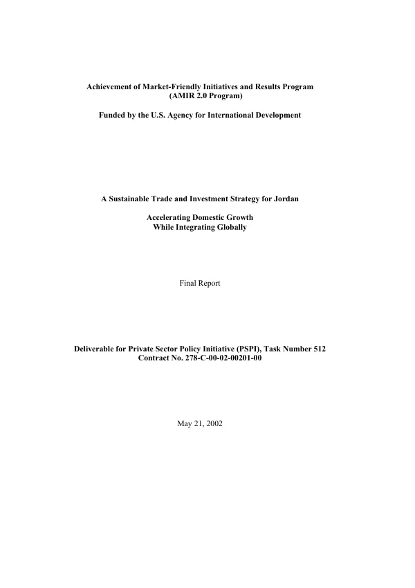 Sustainable trade and investment strategy for Jordan : accelerating domestic growth while integrating globally -- final report