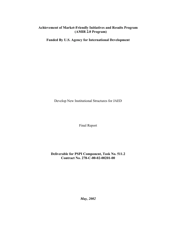 Develop new institutional structures for JAED [Jordan Authority for Enterprise and Investment Development] : final report