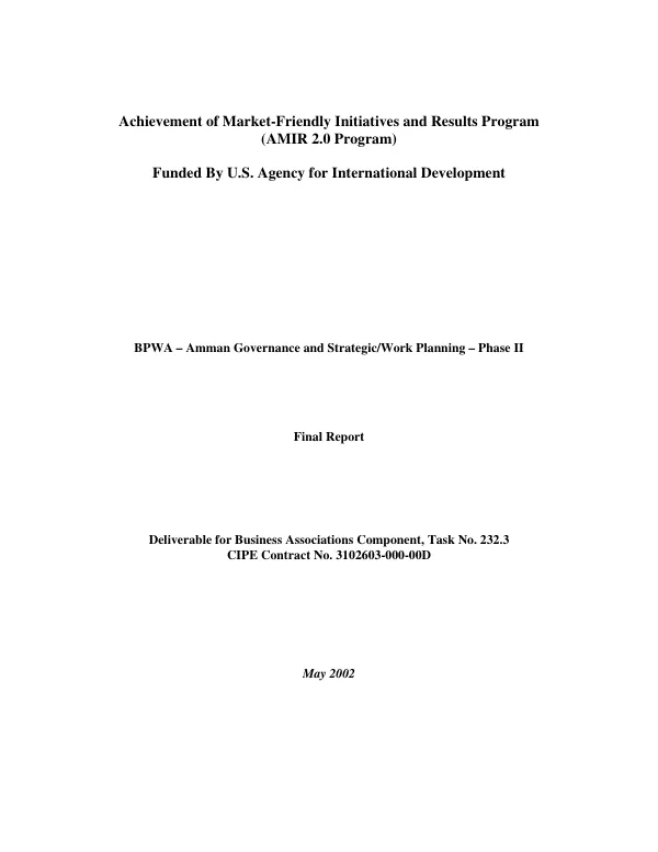 BPWA [Business & Professional Women Associations] : Amman governance and strategic/work planning, phase II -- final report