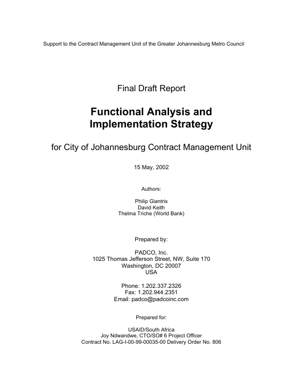 Final draft report : functional analysis and implementation strategy for the City of Johannesburg Contract Management Unit, [South Africa]