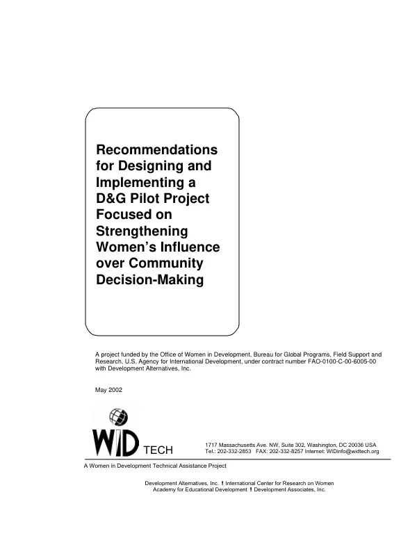 Recommendations for designing and implementing a D&G pilot project focused on strengthening women"s influence over community decision-making
