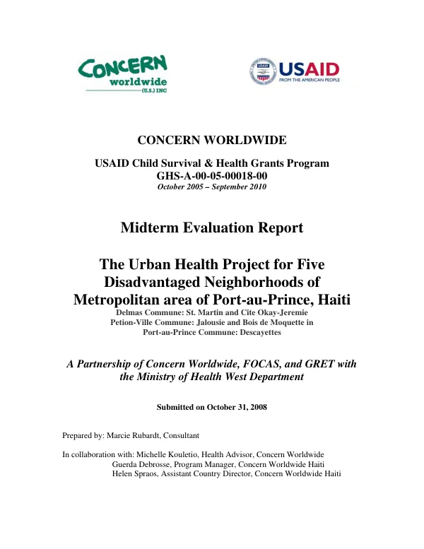 Midterm evaluation report : the urban health project for five disadvantaged neighborhoods of metropolitan area of Port-au-Prince, Haiti