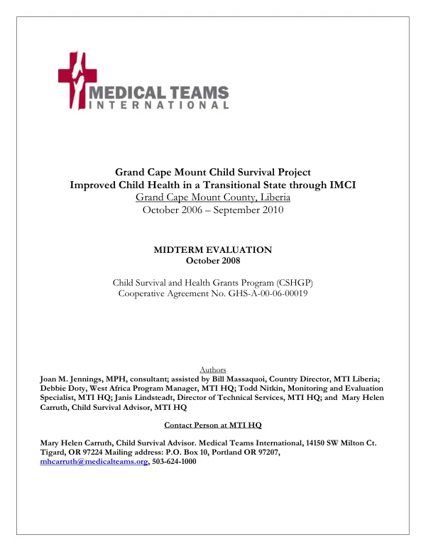 Grand Cape Mount child survival project : improved child health in a transitional state through IMCI : midterm evaluation