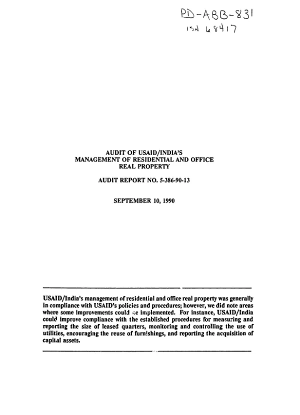 Audit of USAID/India"s management of residential and office real property