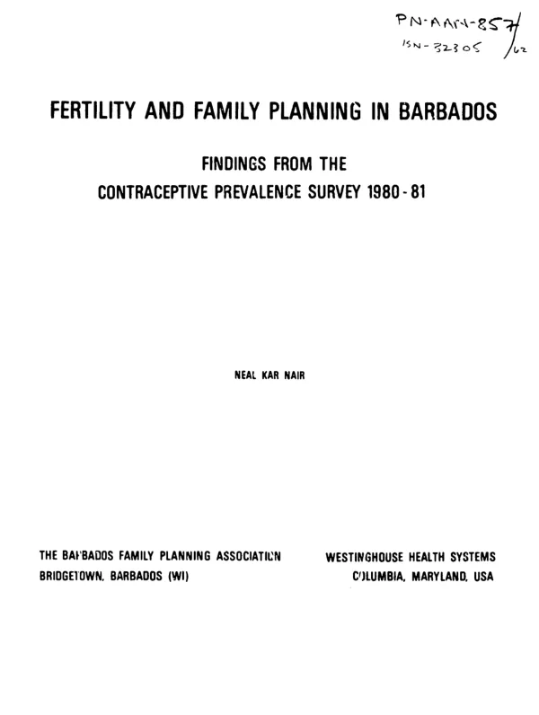 Fertility and family planning in Barbados : findings from the contraceptive prevalence survey, 1980-81