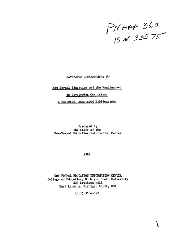 Non-formal education and the handicapped in developing countries : a selected, annotated bibliography