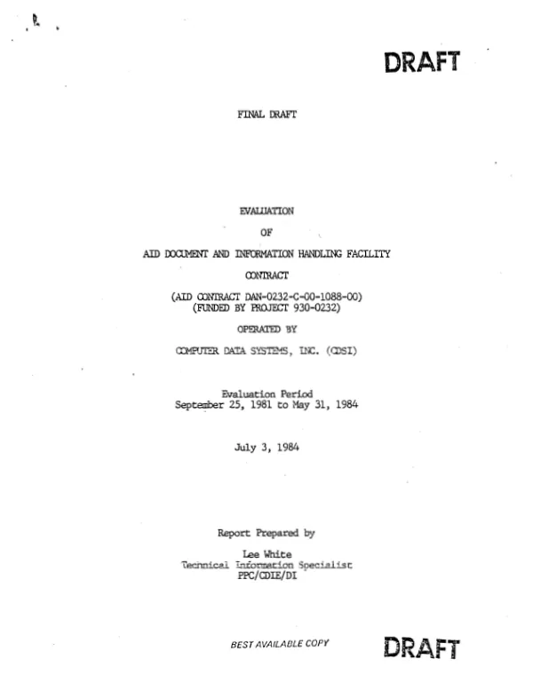 Evaluation of AID Document and Information Handling Facility contract operated by Computer Data Systems, Inc. (CDSI)