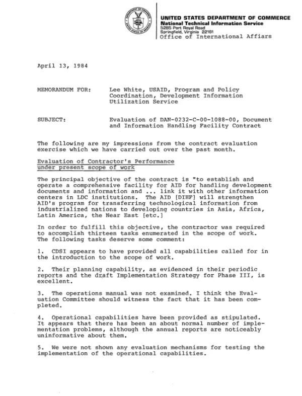 Evaluation of DAN-0232-C-00-1088-00, Document and Information Handling Facility contract