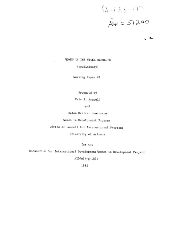Women in Niger Republic (preliminary) : working paper #1