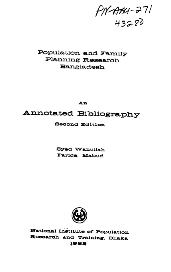 Population and family planning research, Bangladesh : an annotated bibliography