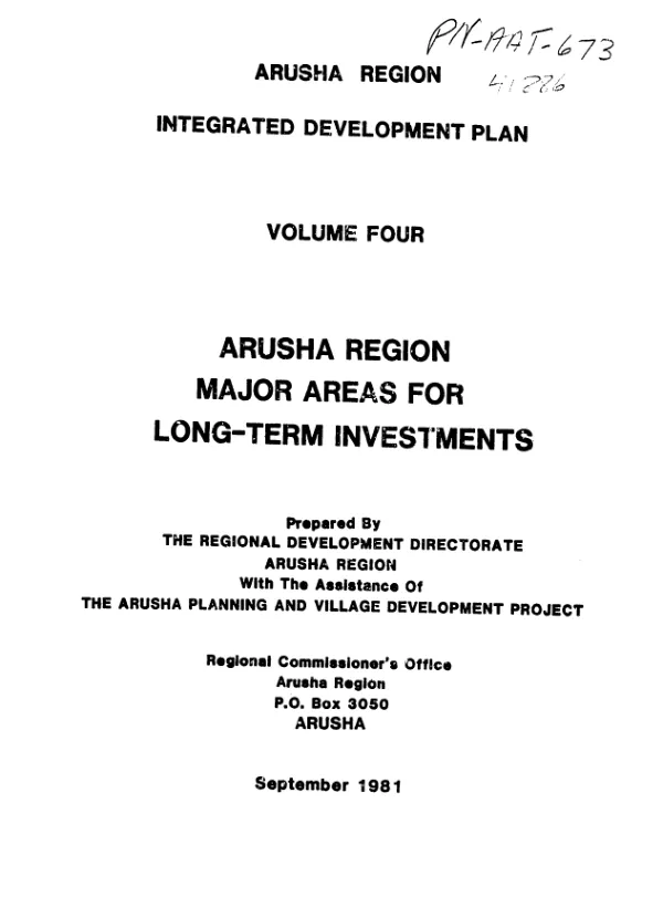 Arusha Region : major areas for long-term investments