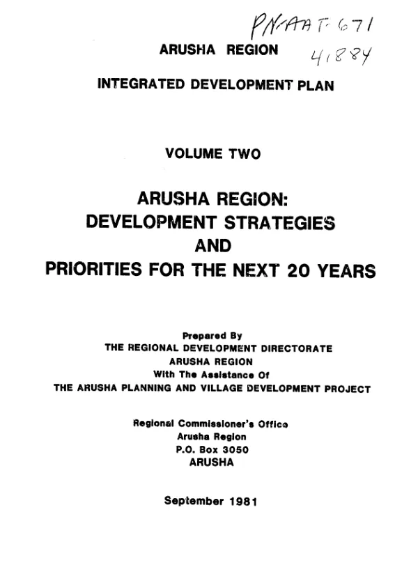 Arusha Region : development strategies and priorities for the next 20 years
