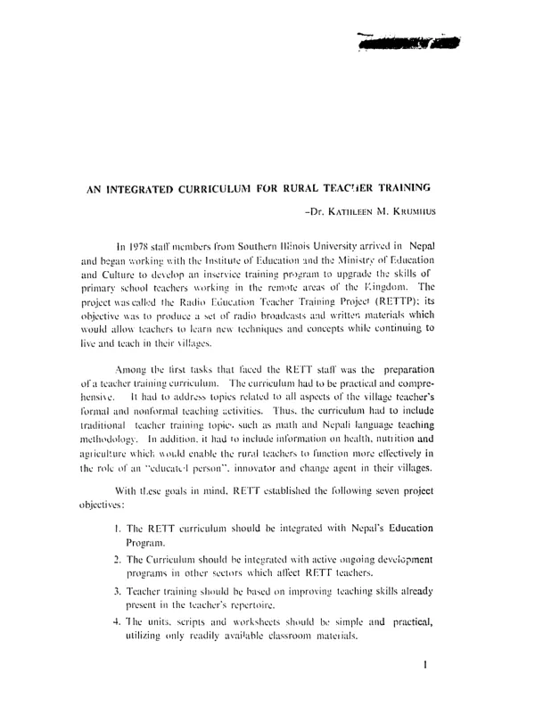 Integrated curriculum for rural teacher training