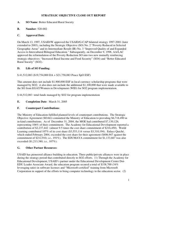 Strategic objective close out report (SOCR) : better educated rural society