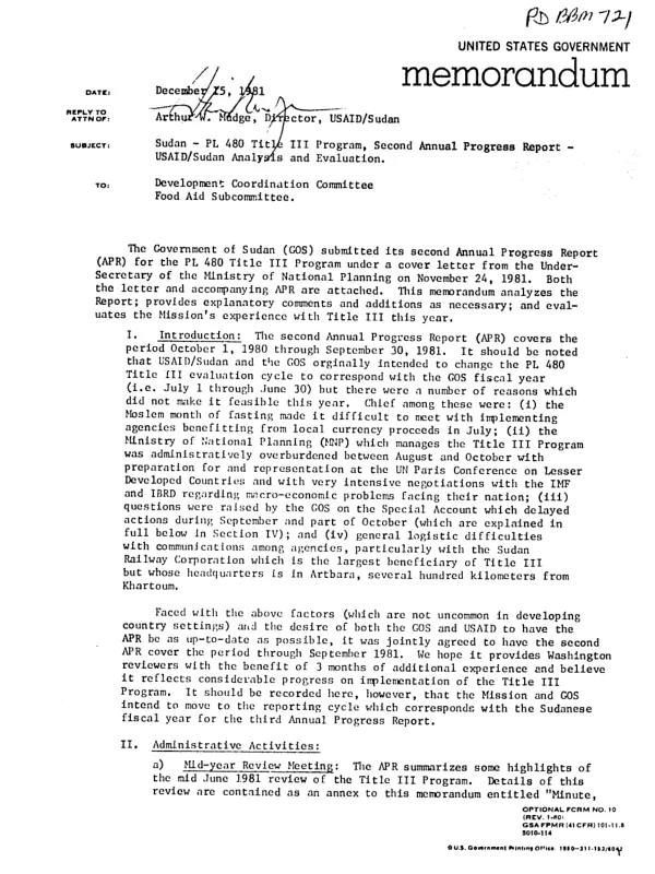 Sudan -- PL-480 Title III program, second annual progress report -- USAID/Sudan analysis and evaluation