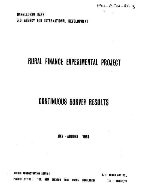 Rural finance experimental project : continuous survey results, May - August 1981