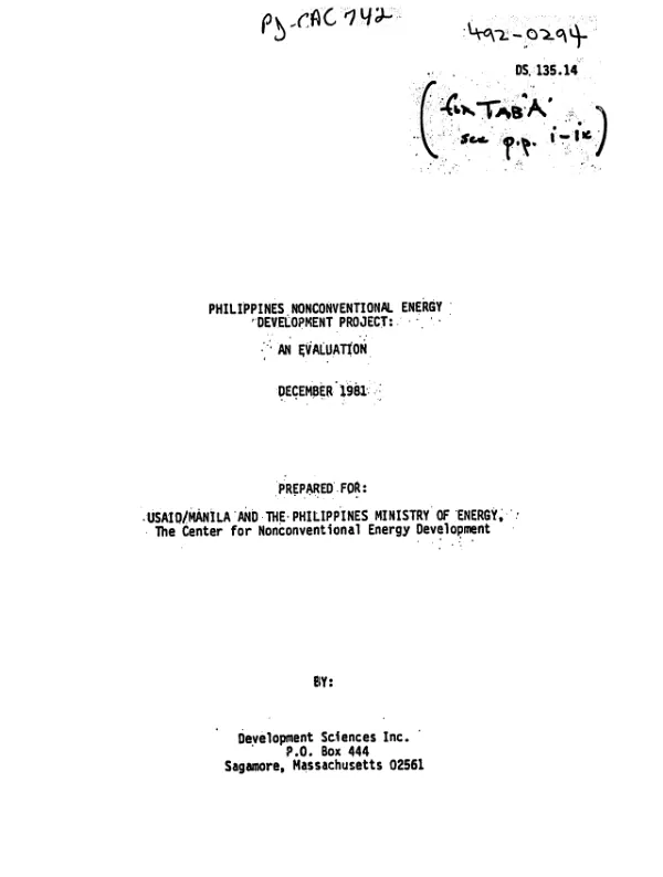 Philippines nonconventional energy development project : an evaluation