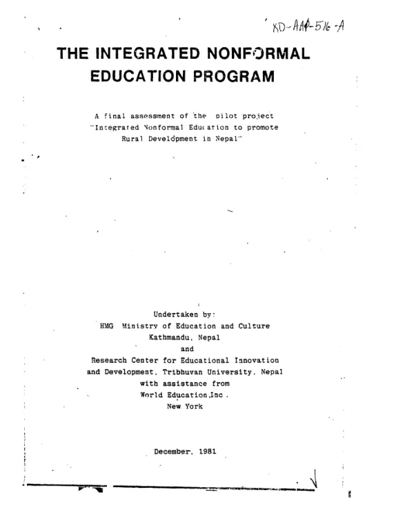 Integrated nonformal education program : a final assessment of the pilot project "integrated nonformal education to promote rural development in Nepal"