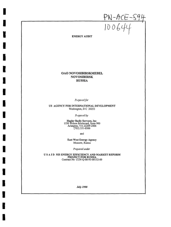 Energy audit : OAO Novosibirskmebel, Novosibirsk, Russia -- USAID NIS [New Independent States] energy efficiency and market reform project for Russia