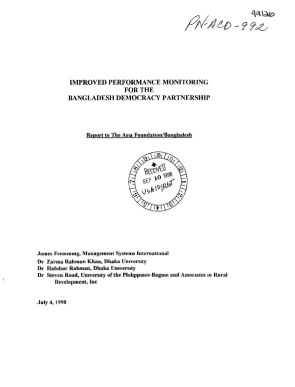 Improved performance monitoring for the Bangladesh democracy partnership : report to The Asia Foundation/Bangladesh