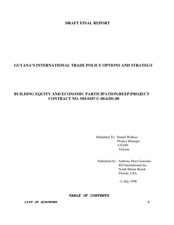 Draft final report : Guyana"s international trade policy options and strategy