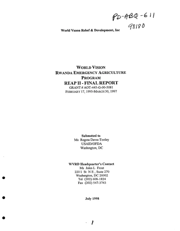 World Vision : Rwanda emergency agriculture program, REAP II -- final report : grant # AOT-445-G-00-5081 [i.e. AOT-4005-G-00-5081] -- February 17, 1995-March 30, 1997