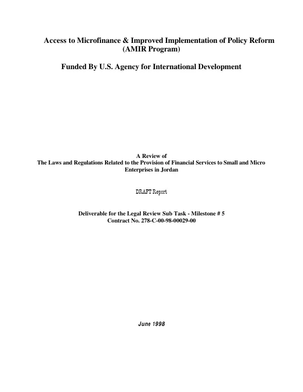 A review of the laws and regulations related to the provision of financial services to small and micro enterprises in Jordan : draft report