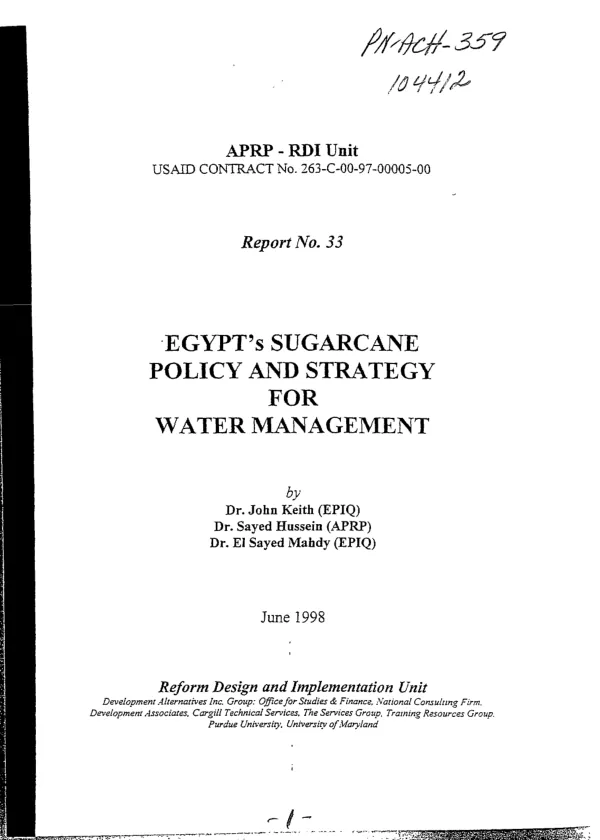 Egypt"s sugarcane policy and strategy for water management