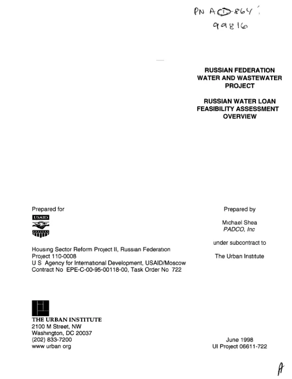 Russian Federation water and wastewater project -- Russian water loan feasibility assessment : overview